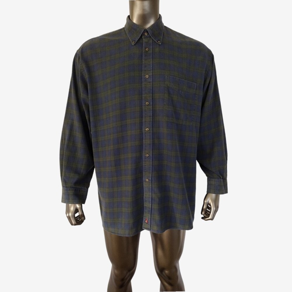 Vintage 2000 Nordstrom Blue Green Cotton Flannel Plaid Button Down Shirt